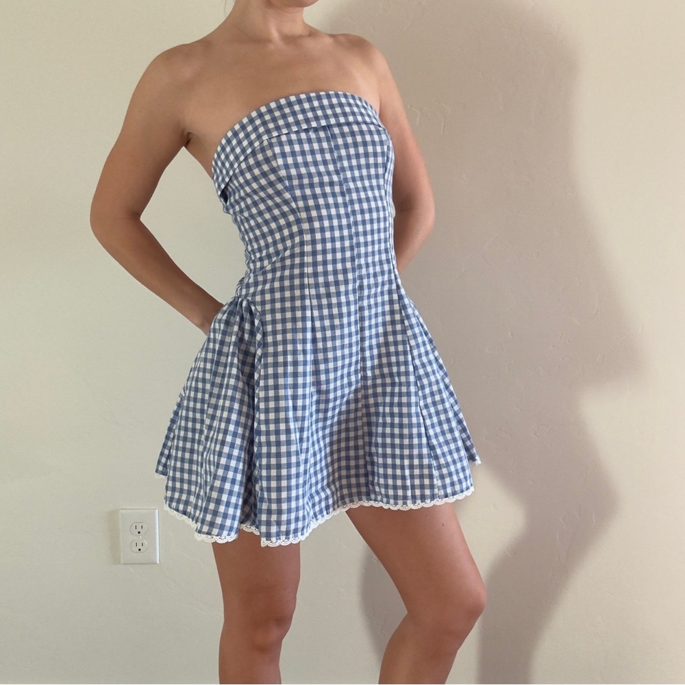 Blue Gingham Strapless Dress